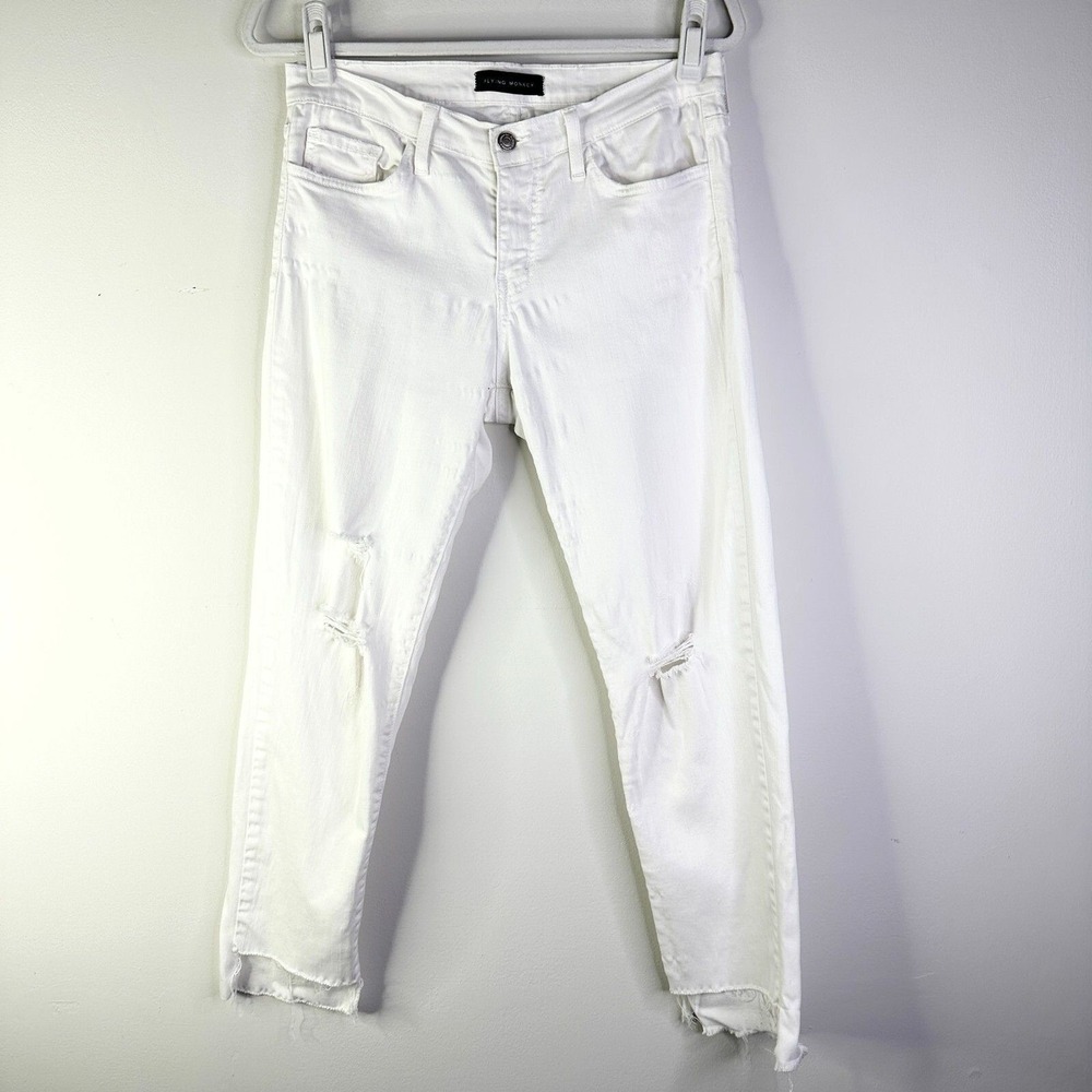 Flying Monkey Jeans Women 30 White Slim Distressed Raw Hem Classic 5 Pocket Boho